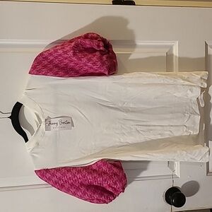 NWT Jenny Boston White Ribbed Shirt With Pink Houndstooth Puff Sleeves